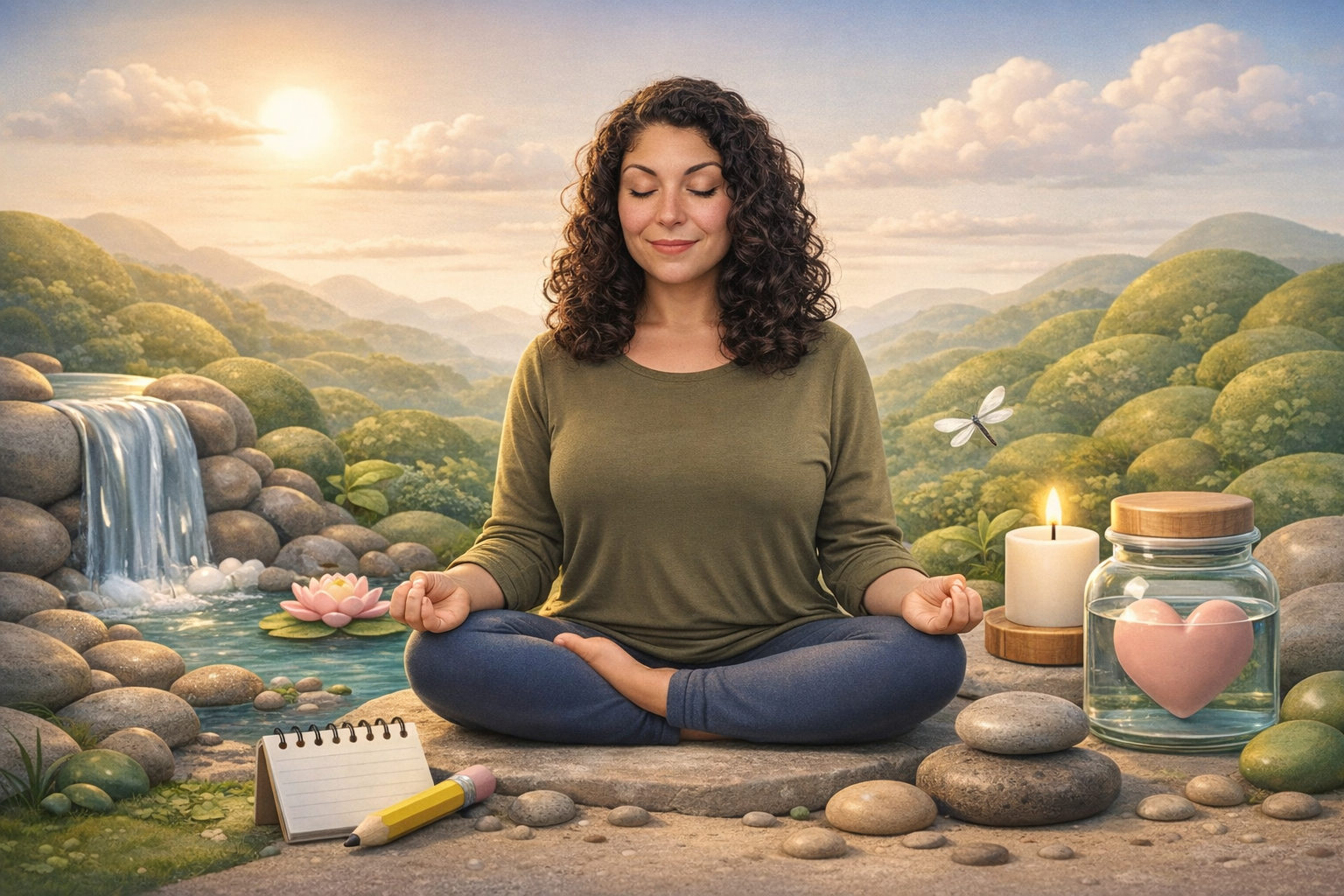 Dr. Raychel Powers meditating in a calm natural landscape