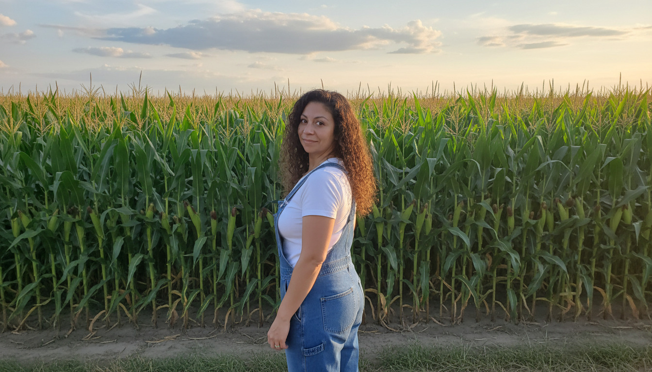Dr. Raychel Powers standing beside a cornfield at golden hour